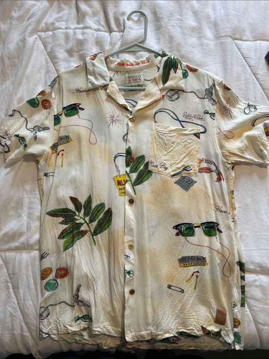 Scotch & Soda Other - Scotch & Soda Cream Short Sleeve Button-Down Shirt with Green Print